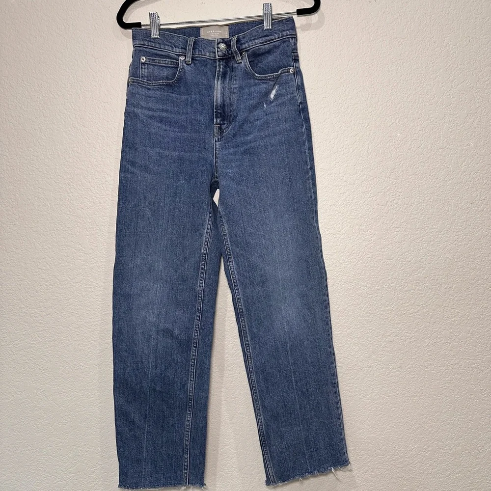 Everlane The Way-High Jean Medium Blue Organic Cotton Straight Leg Raw Hem 25 Re